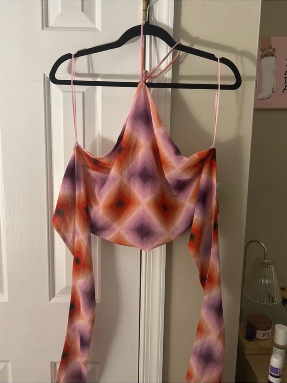 Olivaceous Pink, Purple & Orange Geometric Halter Crop Top